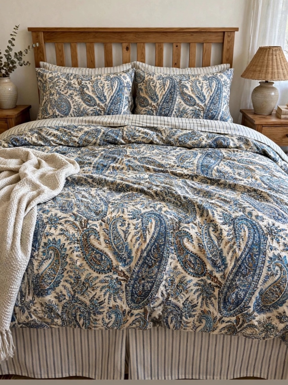 Ralph Lauren || Paisley Stripe Comforter Set 2 Standard Shams Blue Cream Queen